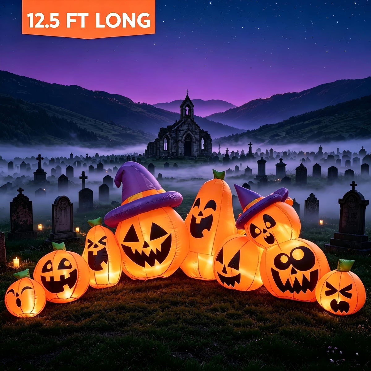 Joyfy 7 ft Halloween Inflatable Long Pumpkin with Witch's Cat Decorations Inflatables with Build-in LEDs, Halloween Decor Outdoor Blow Up Yard Decorations