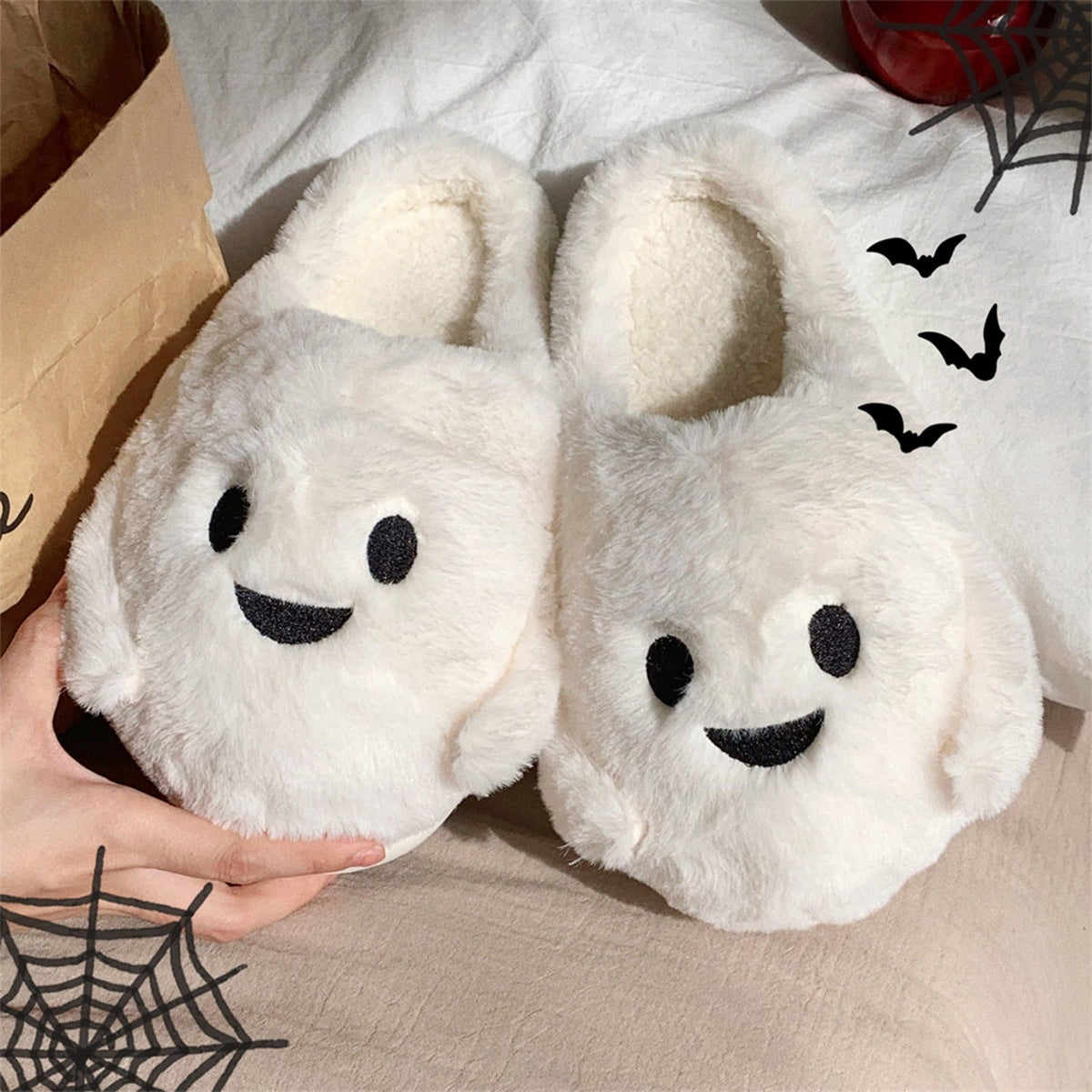 KEVCHE Halloween Ghost Pumpkin House Slippers, Warm Cozy Plush Slippers for Indoor Outdoor Home, Cute Spooky Holiday Footwear for Fall Winter Comfort