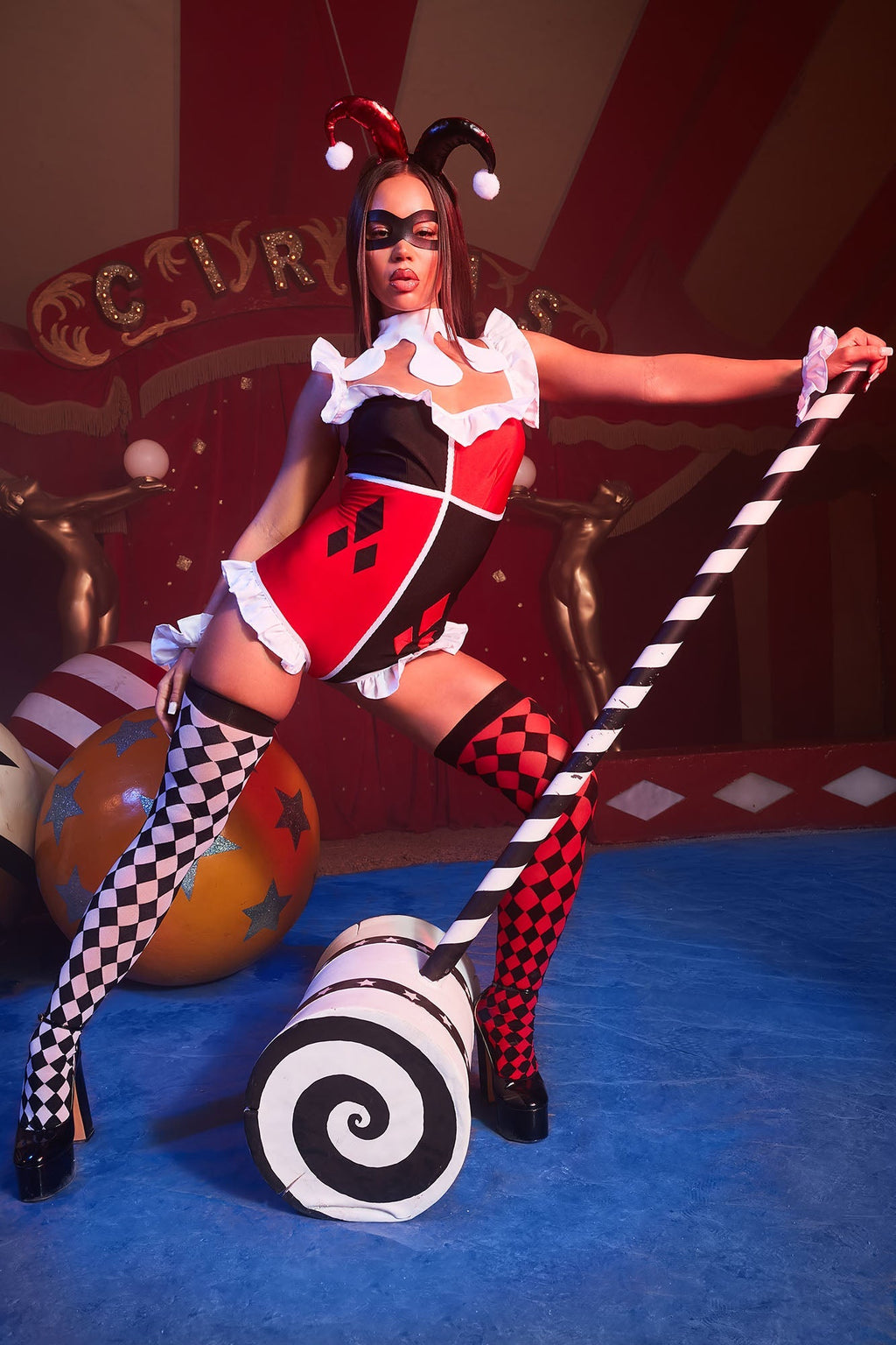 Comic Villain Costume Set with Ruffle Romper and Thigh Highs, Six-Piece