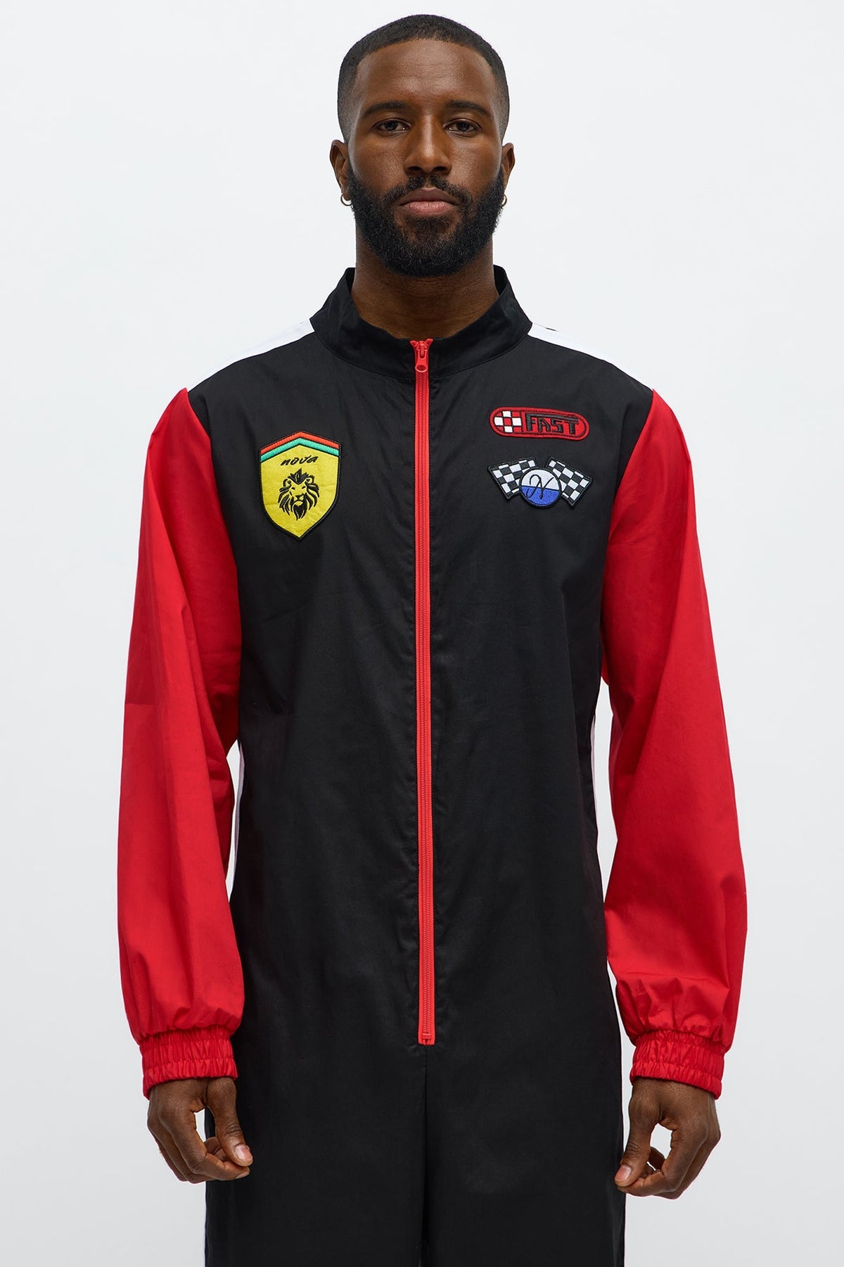 Black Racing Driver Jumpsuit with Front Zipper and Chest Logo