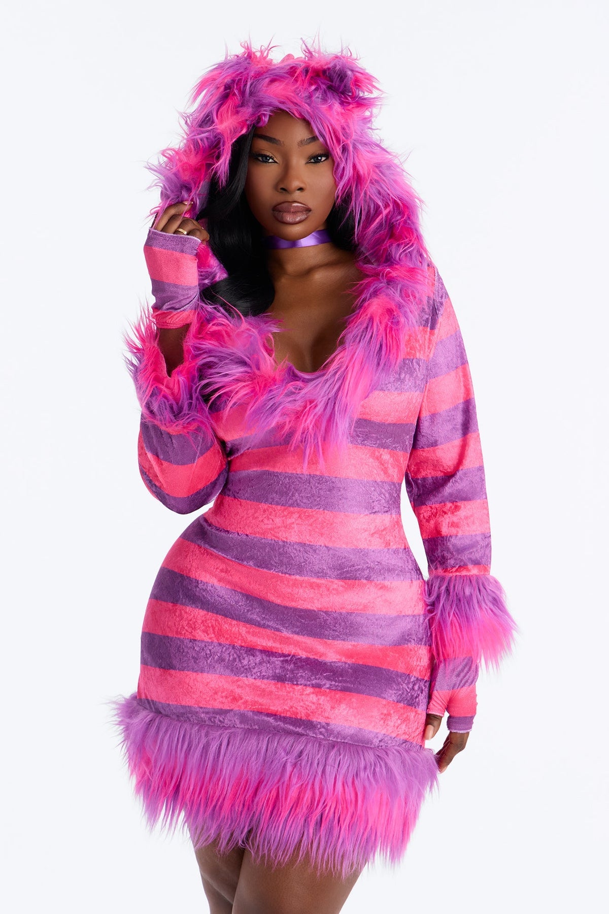 Fuzzy Pink Kitty Costume with Hooded Dress and Fingerless Gloves, Leg Warmers