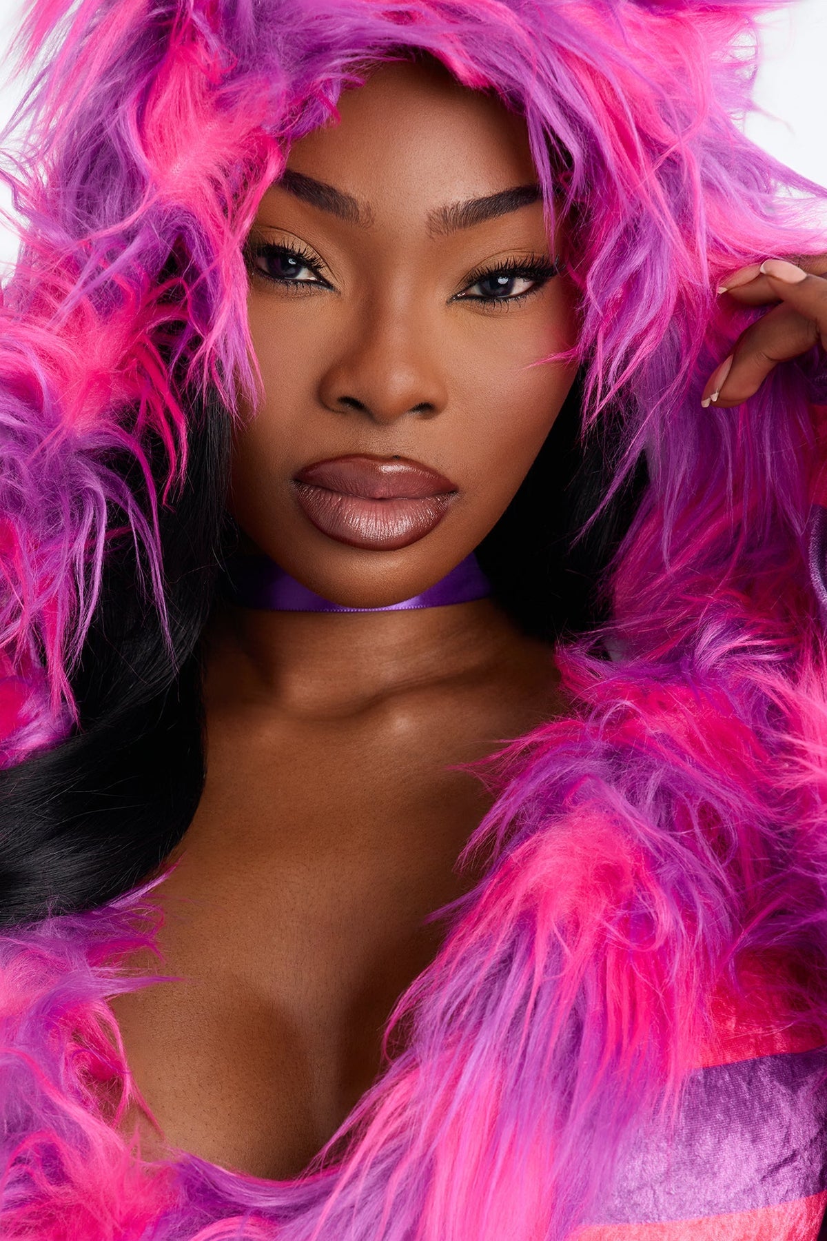 Fuzzy Pink Kitty Costume with Hooded Dress and Fingerless Gloves, Leg Warmers