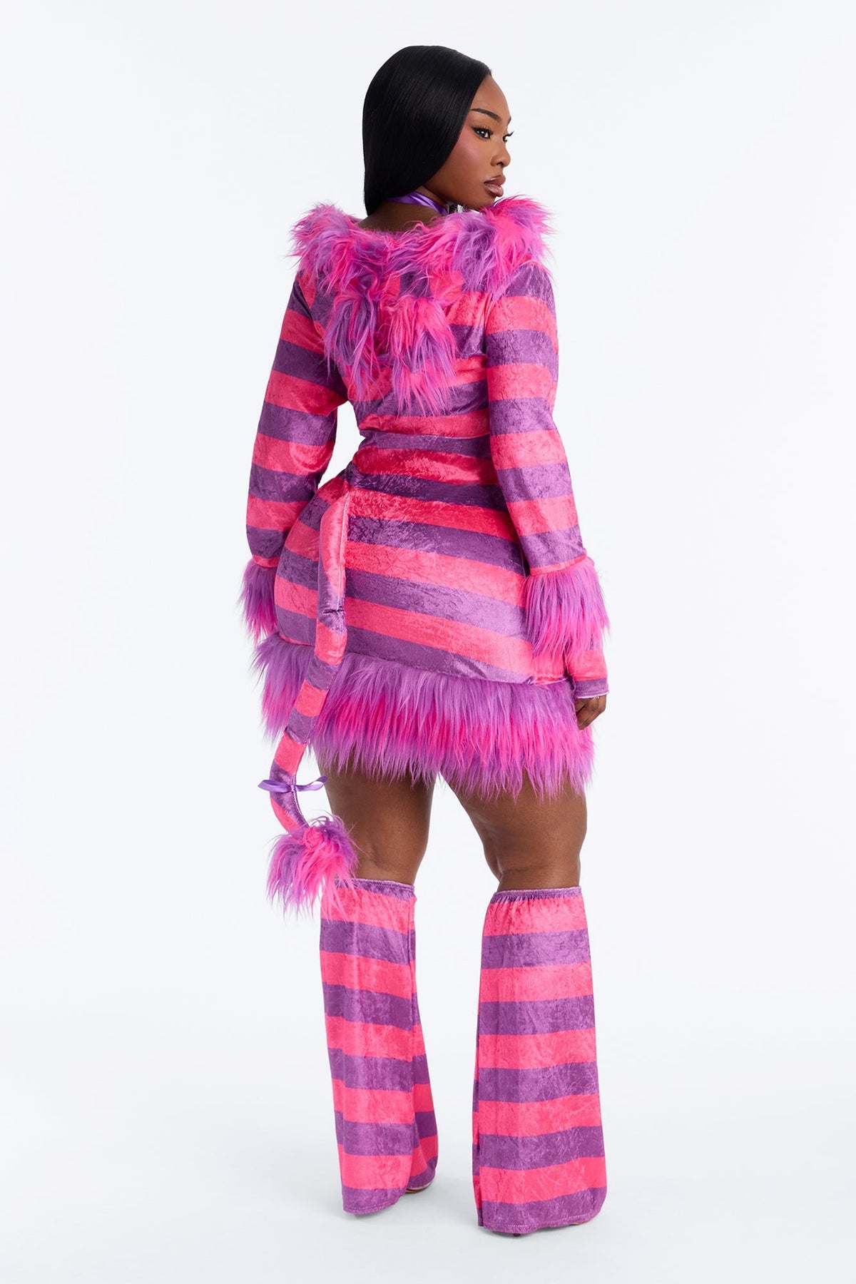 Fuzzy Pink Kitty Costume with Hooded Dress and Fingerless Gloves, Leg Warmers