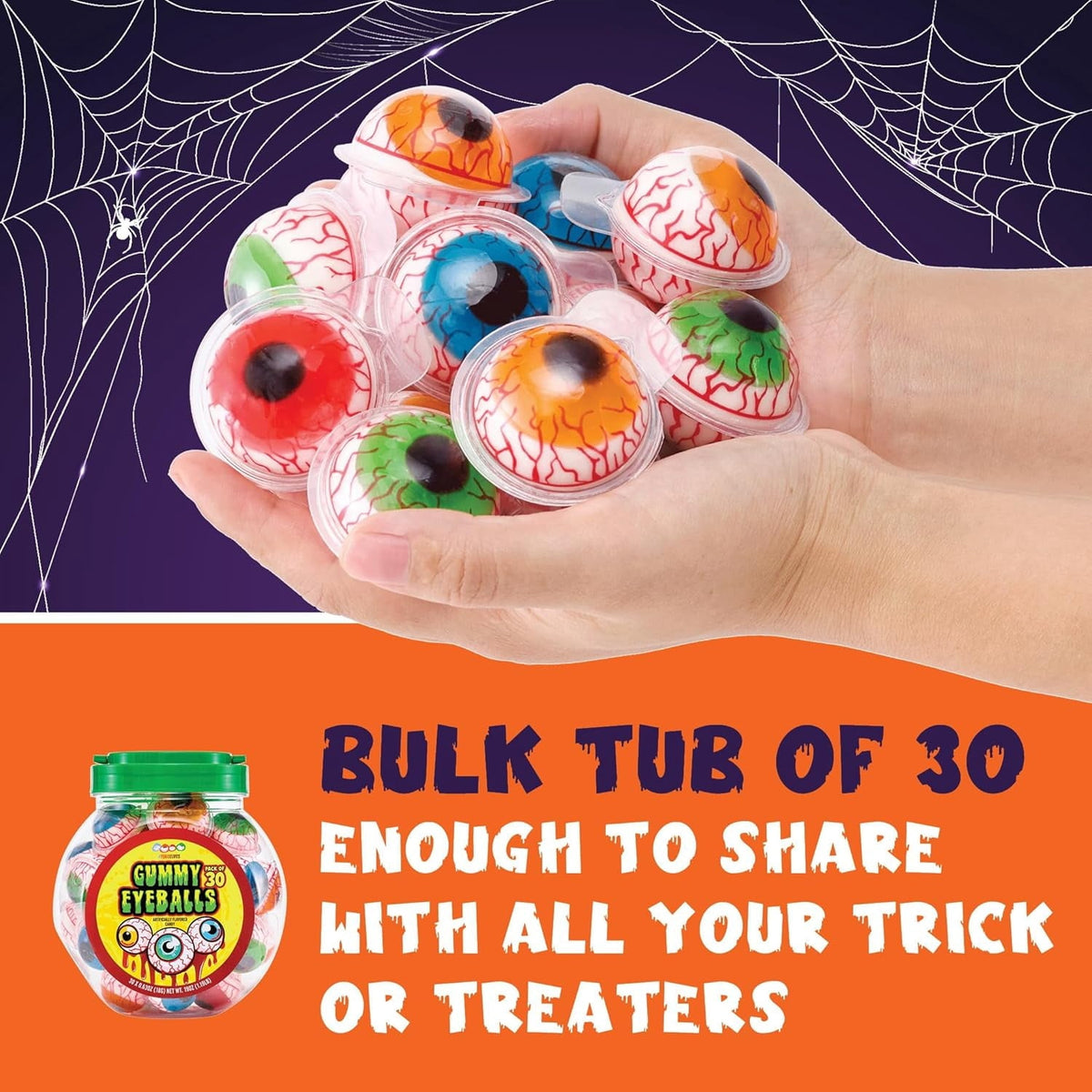 30 Gummy Eyeballs, Spooky Halloween Eyeball Candy in 4 Flavors, Soft Gummies with Jelly Filling, Individually Wrapped, By 4YoreElves (19 oz)