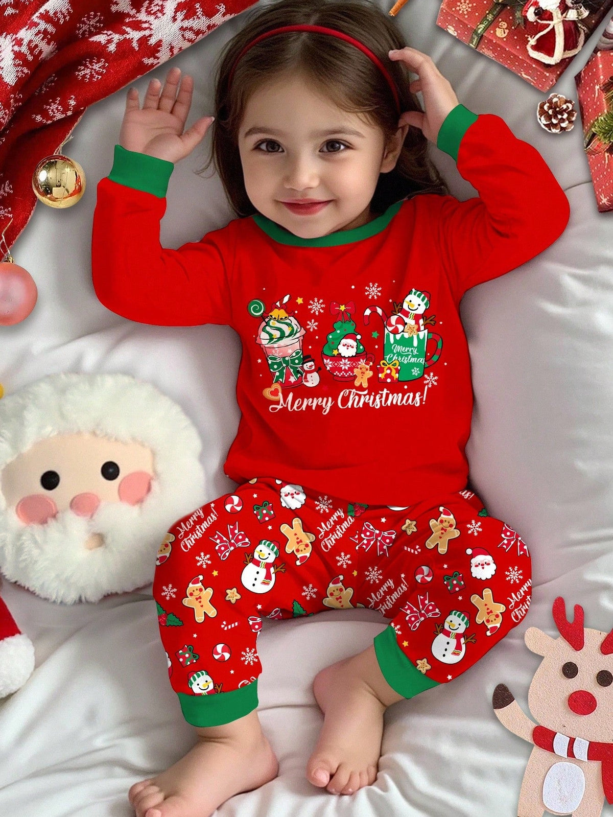 Childrens Lined Pajama Set with Holiday Graphics and Long Sleeves