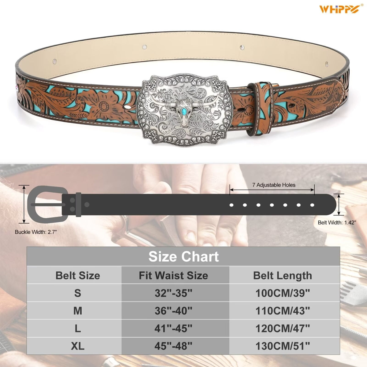 WHIPPY Western Genuine Leather Belt for Women Men Ladies Vintage Engraved Belt Cowboy Cowgirl Belt