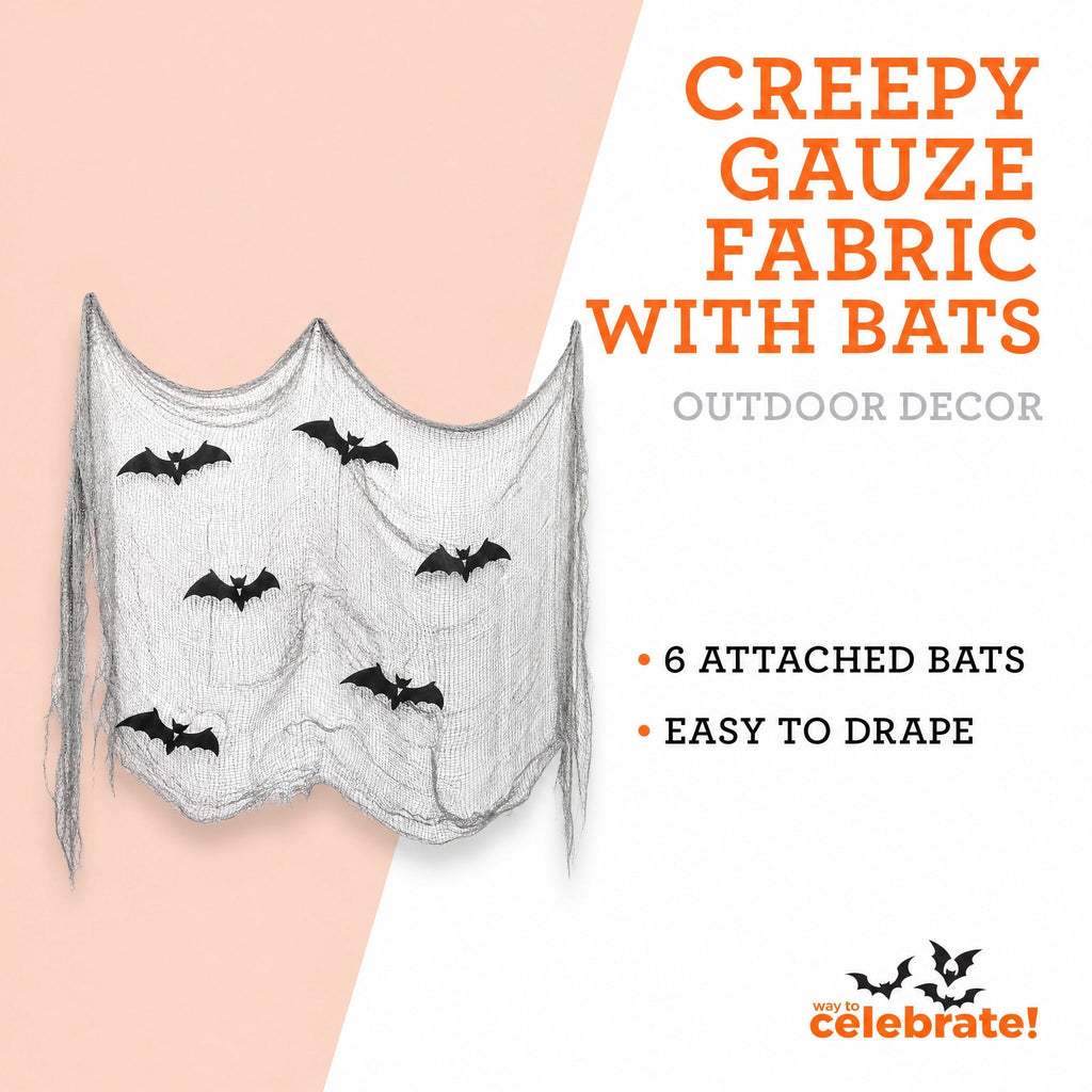 Creepy Gauze Fabric with Bats, Gray, 29.5" x 118", Halloween by Way To Celebrate