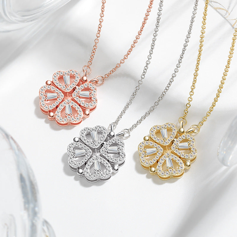 Four Heart Clover Pendant Necklace with Preserved Roses and Gift  Box