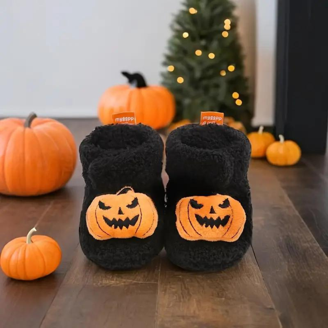 Childrens Ankle High Fleece Slippers with Halloween Pumpkin and Spider Print
