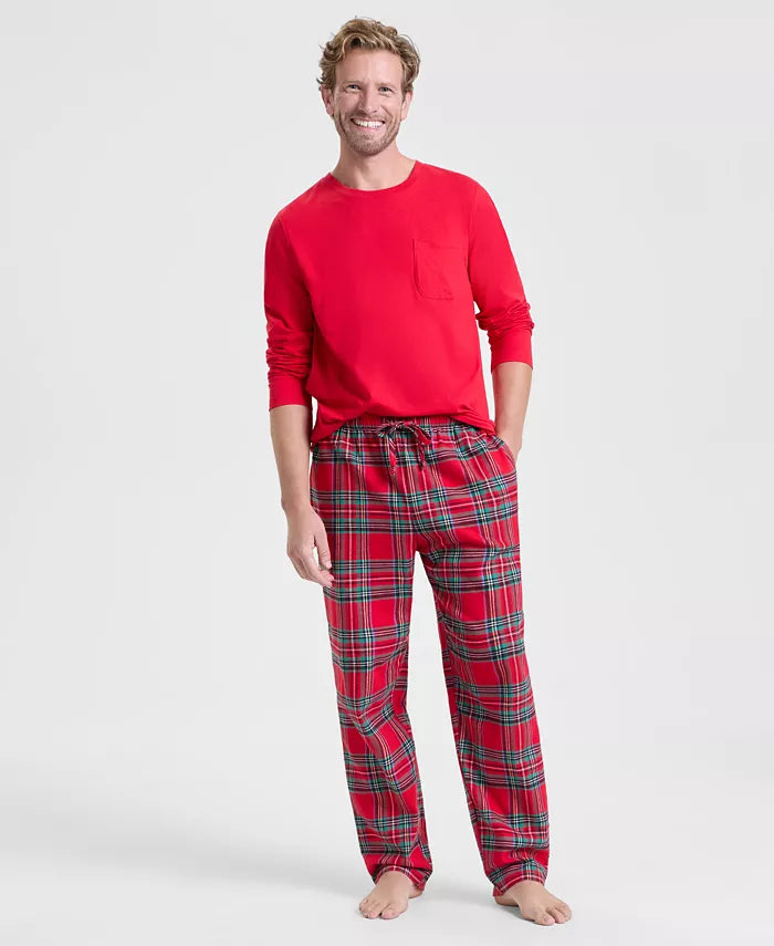 Cotton Flannel Pajama Set with Plaid Pattern and Pockets, Elastic Drawstring Waist