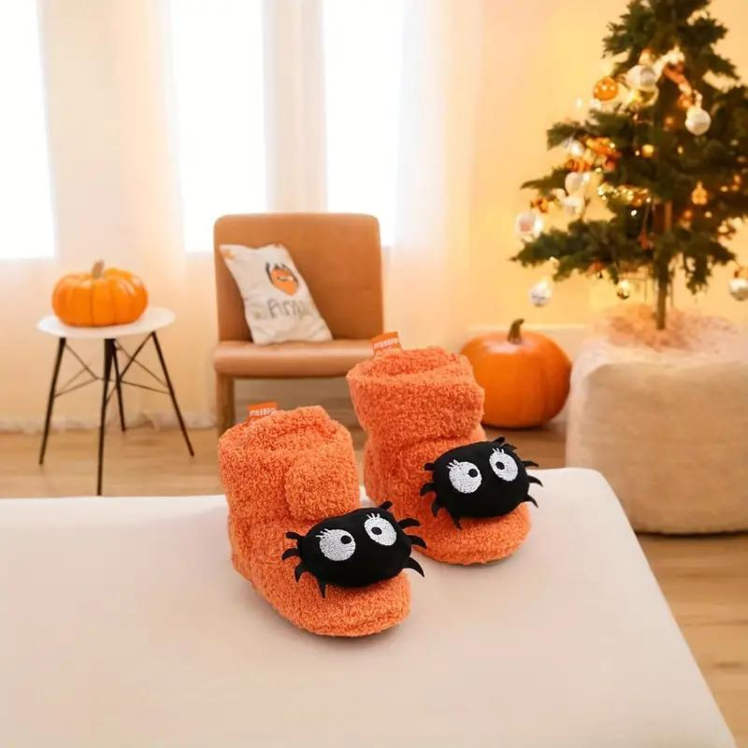 Childrens Ankle High Fleece Slippers with Halloween Pumpkin and Spider Print
