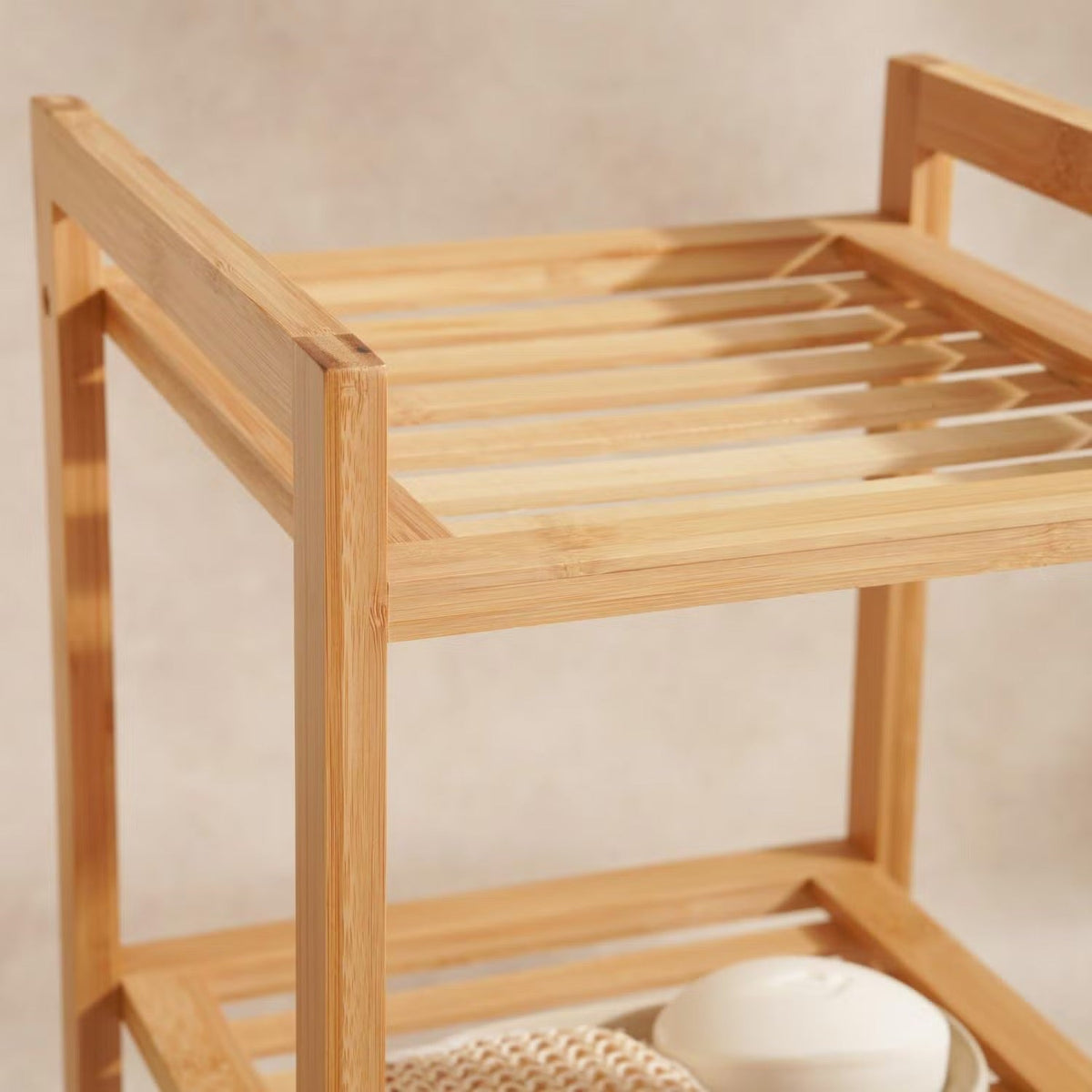 Bamboo Bath Rack with Three Open Shelves and Natural Wood Finish