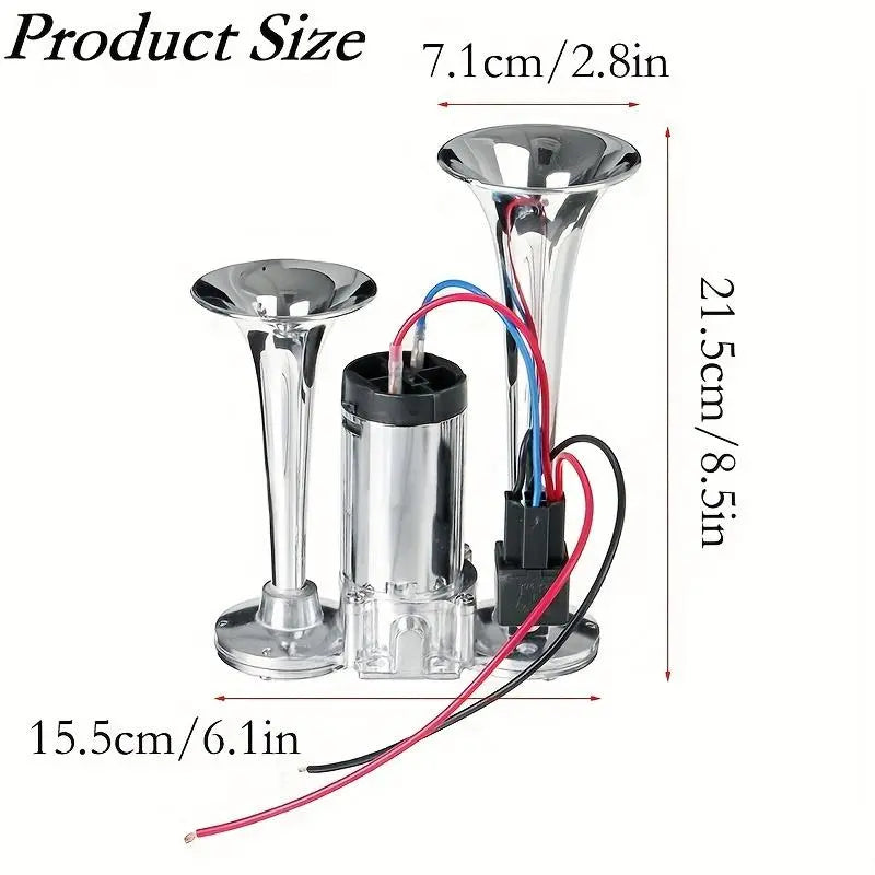 Electric Dual Air Horn with Auto-Refill Compressor and Mounting Bracket for 12V Vehicles