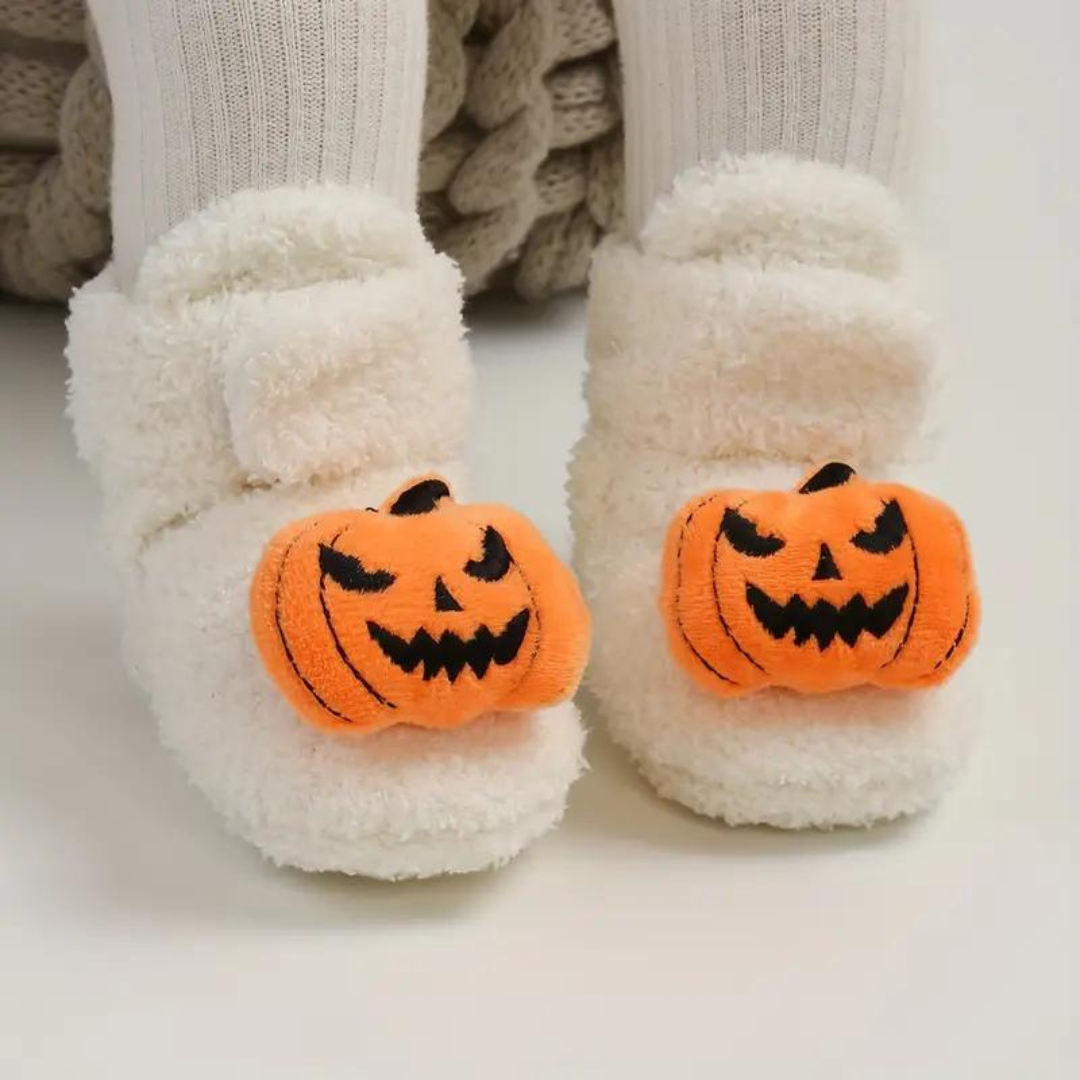 Childrens Ankle High Fleece Slippers with Halloween Pumpkin and Spider Print