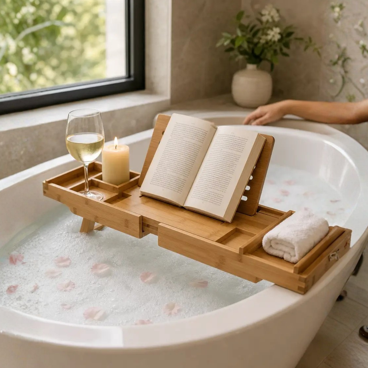 Expandable Bamboo Bathtub Tray with Device Compartments and Angled Tablet Holder