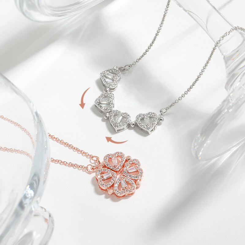 Four Heart Clover Pendant Necklace with Preserved Roses and Gift  Box