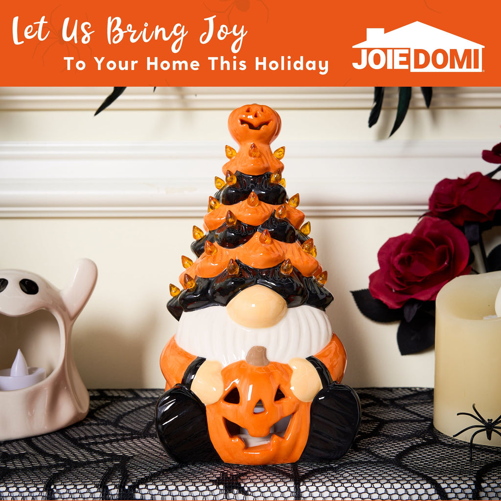 Joyfy 8.5 inch Halloween Decorations Ceramic Gnome Tree Decorations with Build-in LEDs, Light Up Pumpkin Table Decor Bedroom Indoor Centerpieces for Tables
