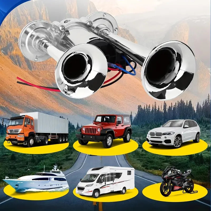 Electric Dual Air Horn with Auto-Refill Compressor and Mounting Bracket for 12V Vehicles