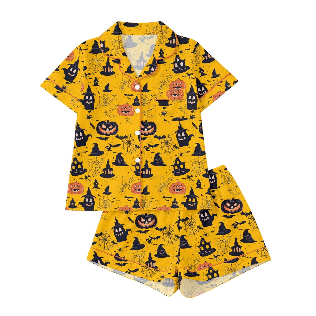 CUZIBR Girls Halloween Pajamas Sets Soft Comfortable Ghost Pumpkin Lapel Button Short Sleeve Shirt Elastic Waist Shorts 2 Pieces Sleep Loungewear Relaxed Sleepwear Outfits, Orange-C