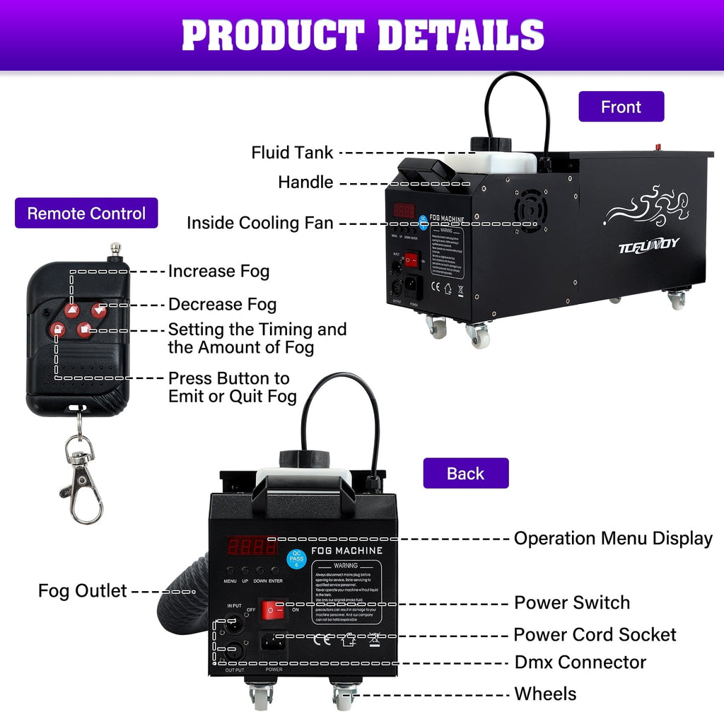 TCFUNDY 1500W Low Lying Fog Machine, Dry-Ice Effect Fogger w/ Tube, Ground Smoke Machine w/ DMX & Wireless Remote Control, Ideal Atmosphere Maker for Halloween, Parties, Weddings and Stage