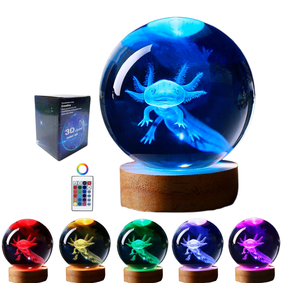 Axolotl Crystal Night Light with 3D Engraved Sphere and Wooden LED Base, Remote