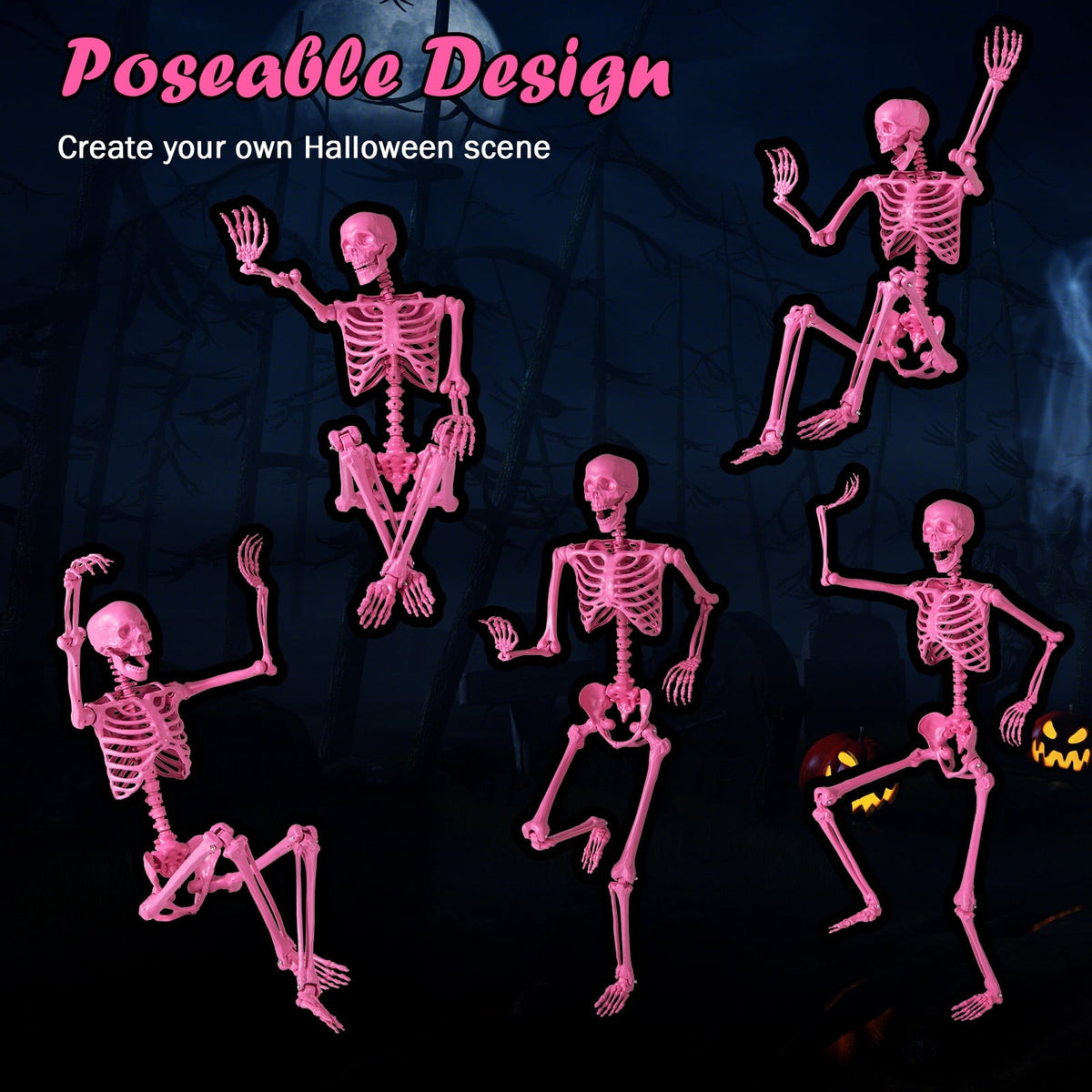 Costway 5.5 FT Poseable Halloween Skeleton Life-Size Decoration with Movable Joints Pink
