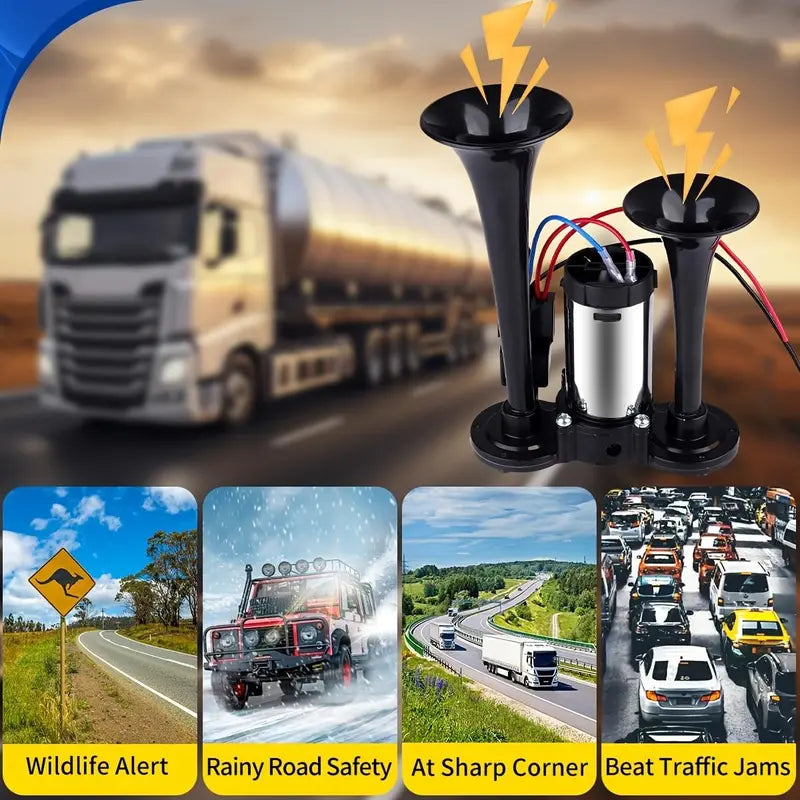 Electric Dual Air Horn with Auto-Refill Compressor and Mounting Bracket for 12V Vehicles