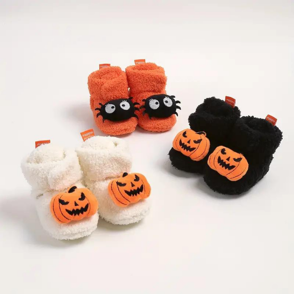 Childrens Ankle High Fleece Slippers with Halloween Pumpkin and Spider Print