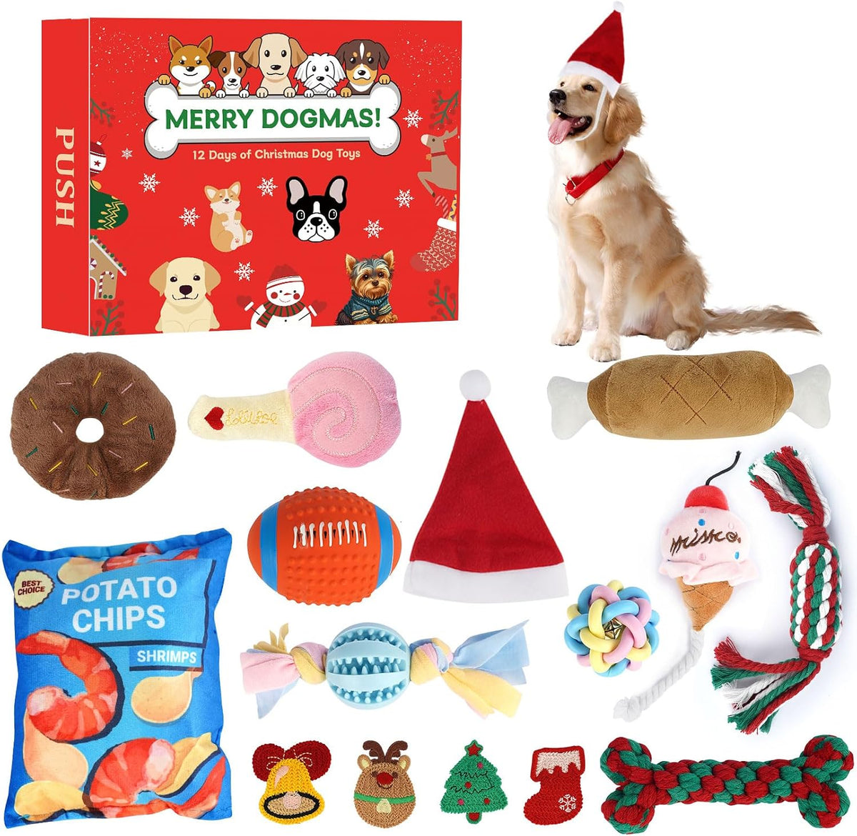 Dog Advent Calendar with 12 Interactive Toys and Squeaky Balls, Ropes for Small to Large Dogs