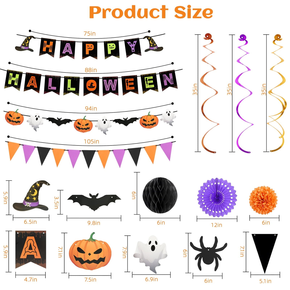KORALAKIRI Halloween Party Decorations Happy Halloween Banner Honeycomb Balls Paper Fans Hanging Swirls Triangle Garland for Indoor Home Office Class School Party Supplies
