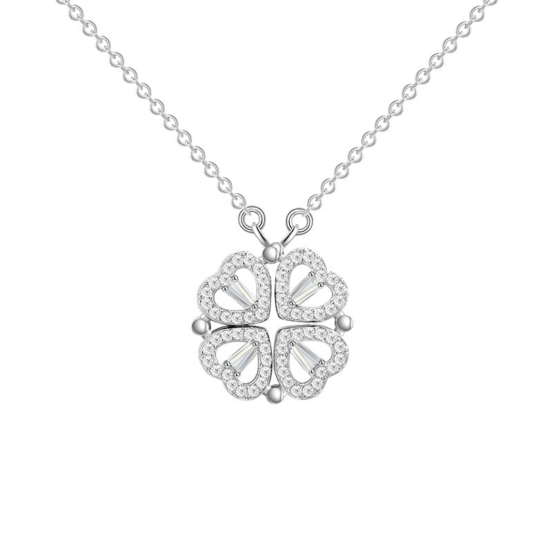 Four Heart Clover Pendant Necklace with Preserved Roses and Gift  Box