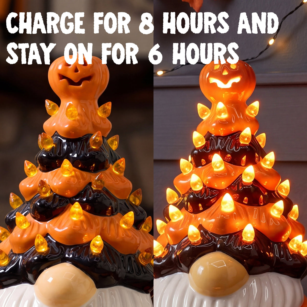 Joyfy 8.5 inch Halloween Decorations Ceramic Gnome Tree Decorations with Build-in LEDs, Light Up Pumpkin Table Decor Bedroom Indoor Centerpieces for Tables