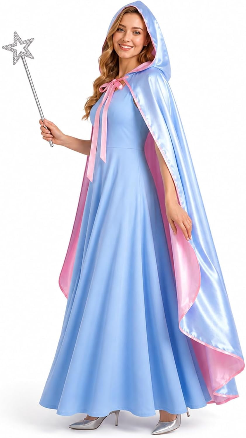 3PCS Fairy Godmother Halloween Costumes for Women, Blue Dress with Cape and Star Wand, Cosplay Outfit for Fairy Parties Stage Performances