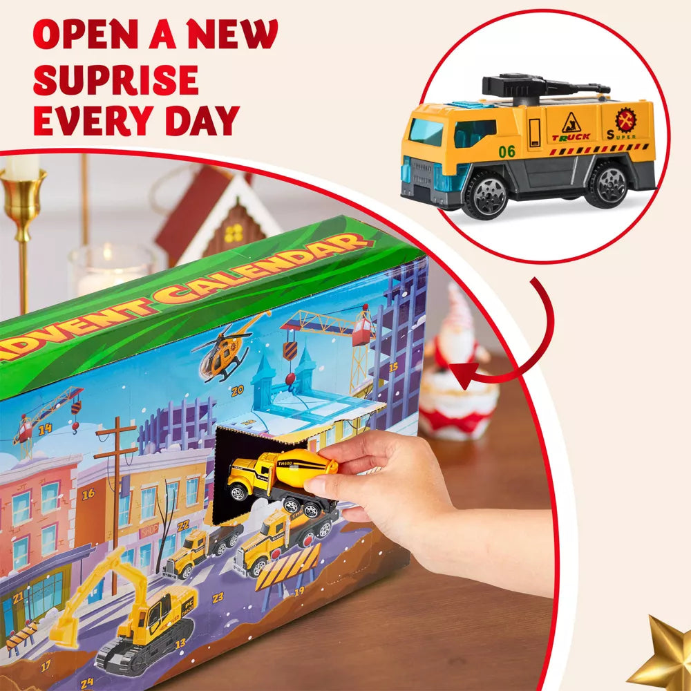 Construction Vehicle Advent Calendar with 24 Alloy Pieces and Foldable City Play Mat for Ages 3 Plus
