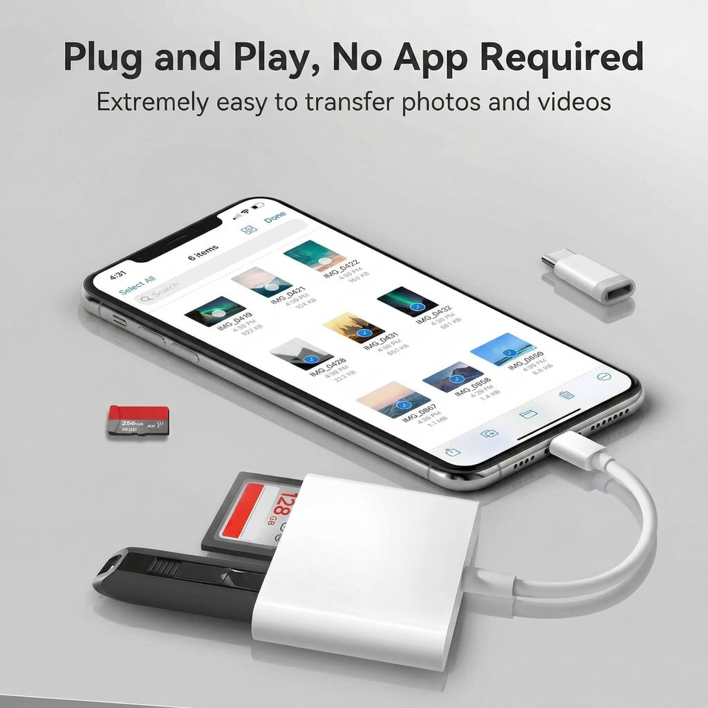 2 in 1 iPhone SD Card Reader, OTG USB Camera Adapter for iPad, Plug & Play Trail Cam Viewer, Lightning Interface