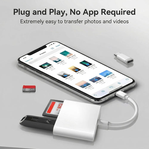 2 in 1 iPhone SD Card Reader, OTG USB Camera Adapter for iPad, Plug & Play Trail Cam Viewer, Lightning Interface