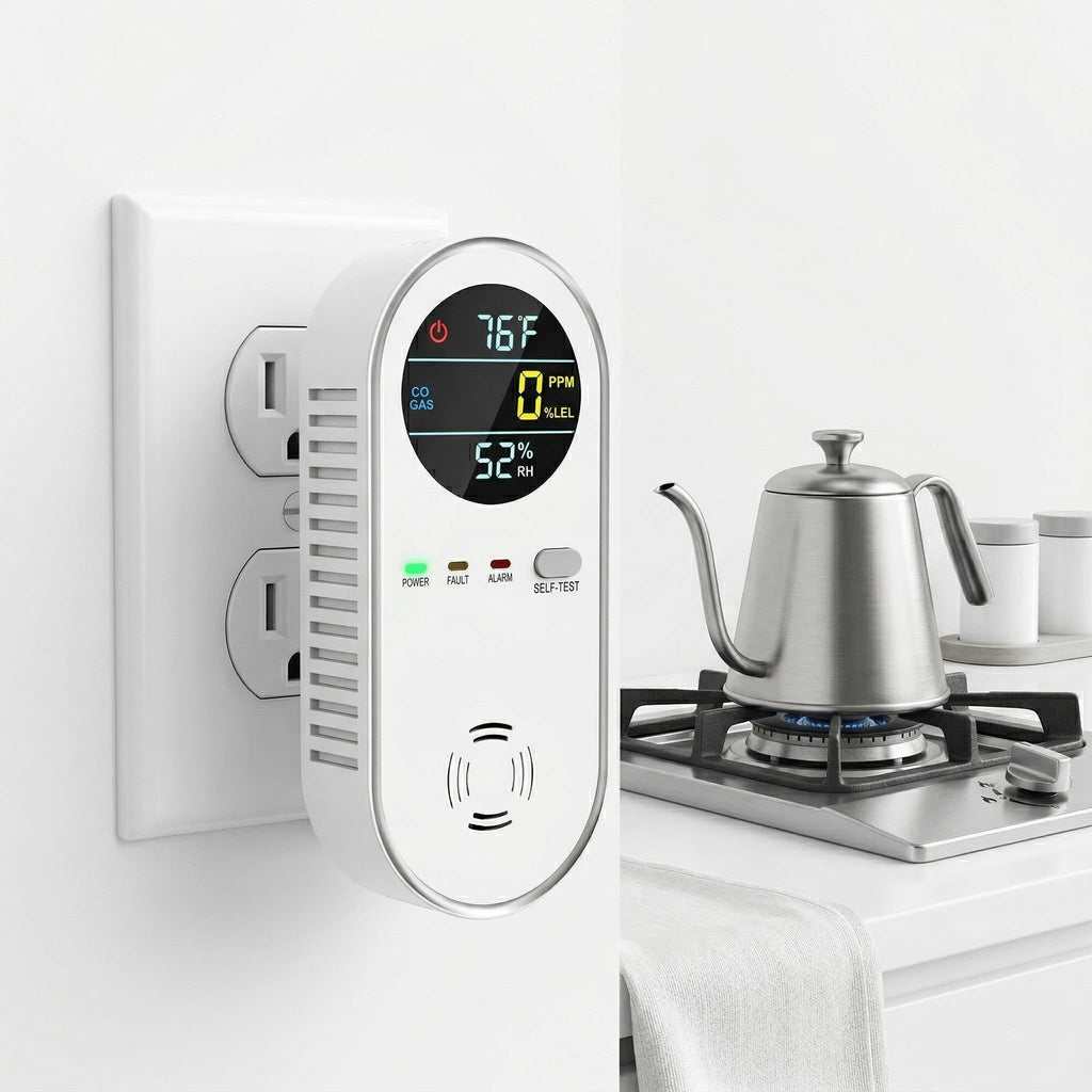 4 in 1 Plug in Carbon Monoxide and Natural Gas Detector, CO, Propane & Gas Alarm with Temp & Humidity Display, Home Safety Monitor