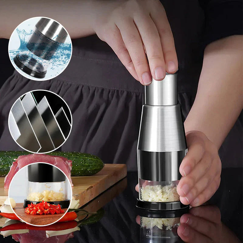 Garlic Chopper with Stainless Steel Blades and Ergonomic Grip, Enclosed  Chamber