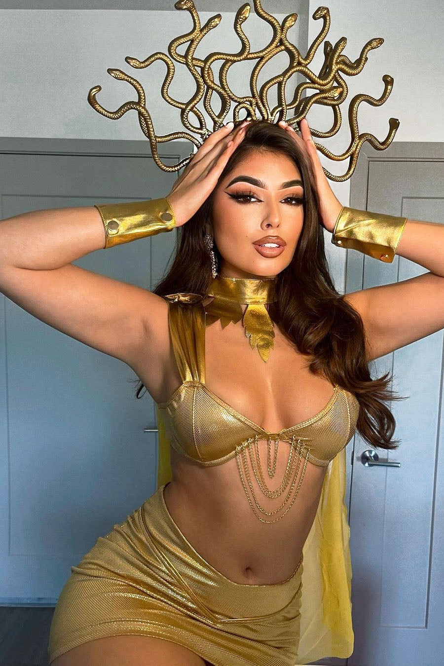 Gold Snake Goddess Costume Set with Draped Bra, Mini Skirt and Head Piece