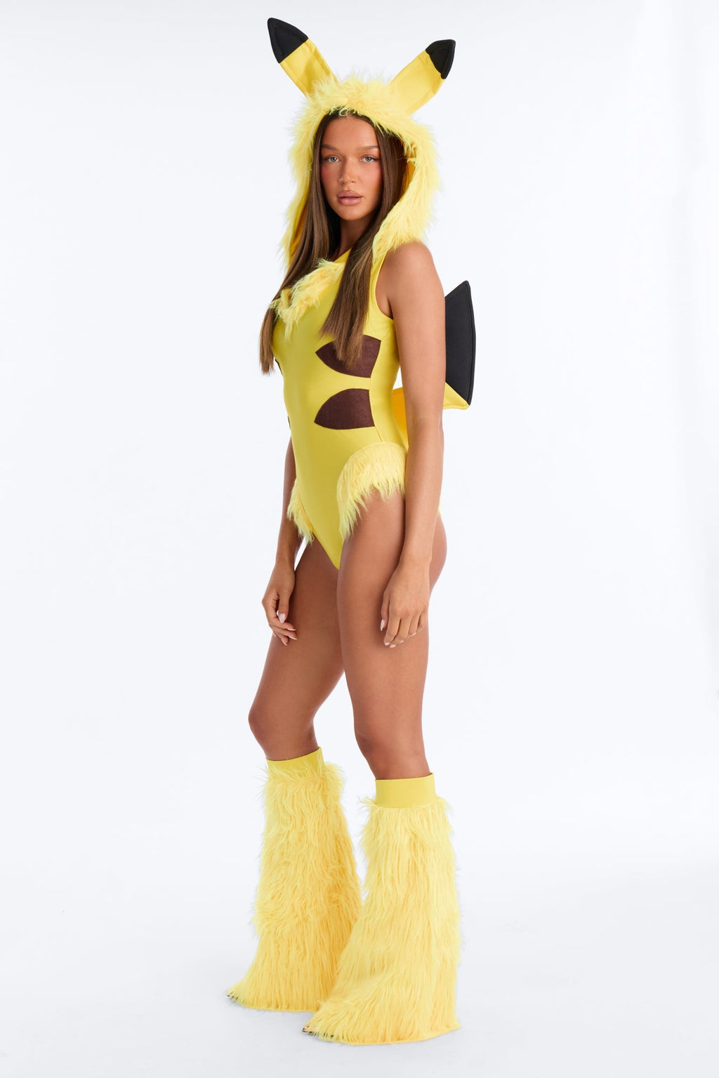 Cartoon Inspired Hooded Bodysuit with Lightning Bolt Tail and Furry Boot Covers, Yellow