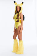 Cartoon Inspired Hooded Bodysuit with Lightning Bolt Tail and Furry Boot Covers, Yellow