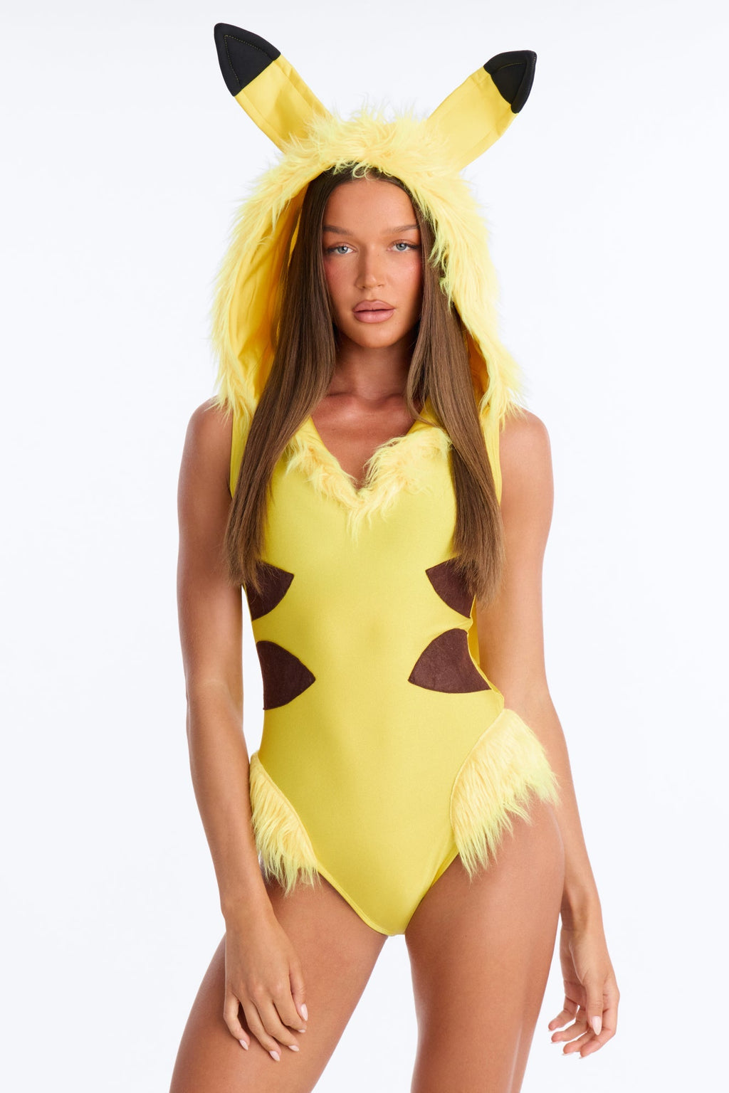 Cartoon Inspired Hooded Bodysuit with Lightning Bolt Tail and Furry Boot Covers, Yellow