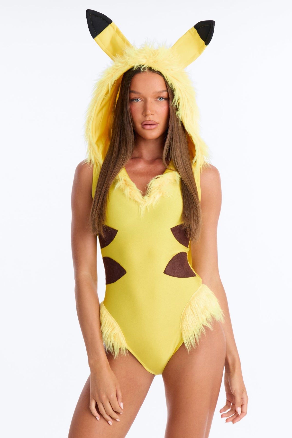 Cartoon Inspired Hooded Bodysuit with Lightning Bolt Tail and Furry Boot Covers, Yellow