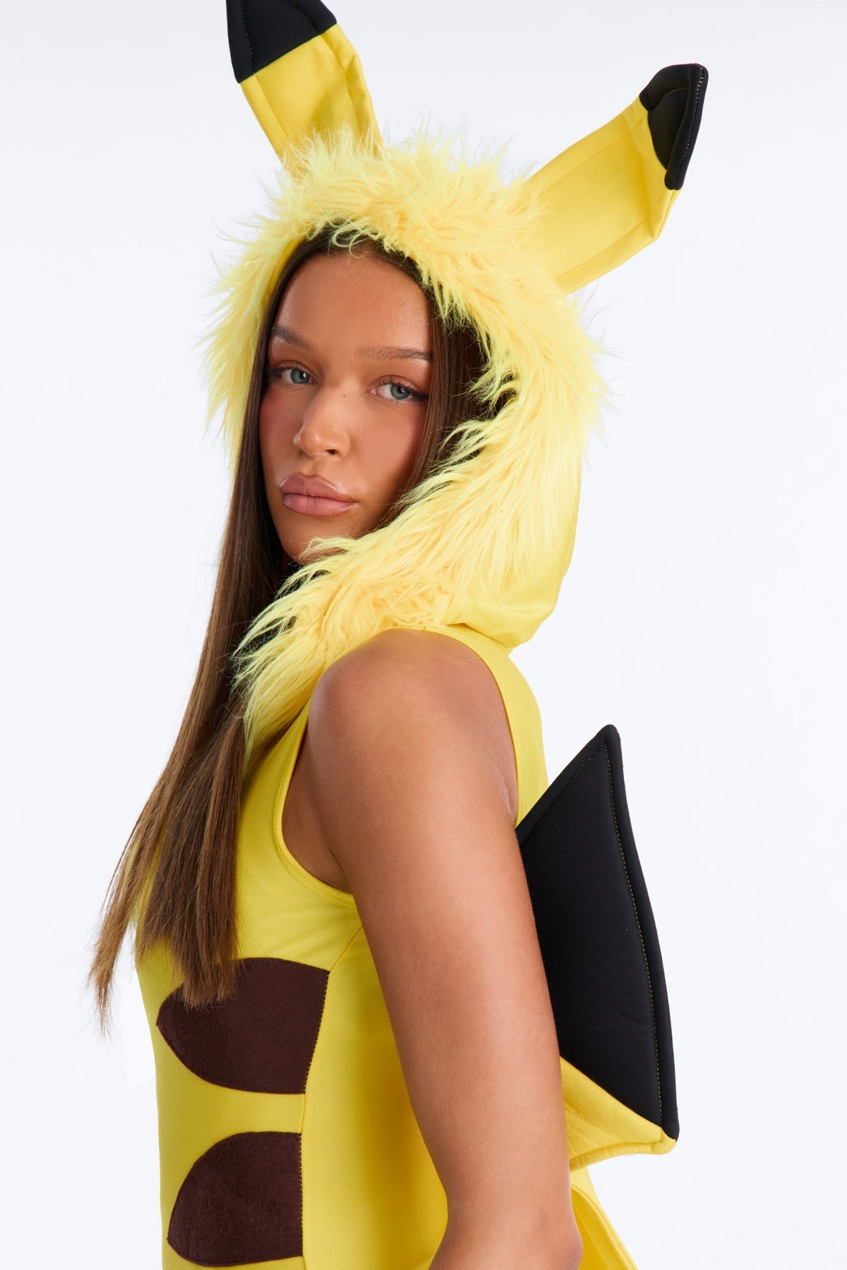 Cartoon Inspired Hooded Bodysuit with Lightning Bolt Tail and Furry Boot Covers, Yellow