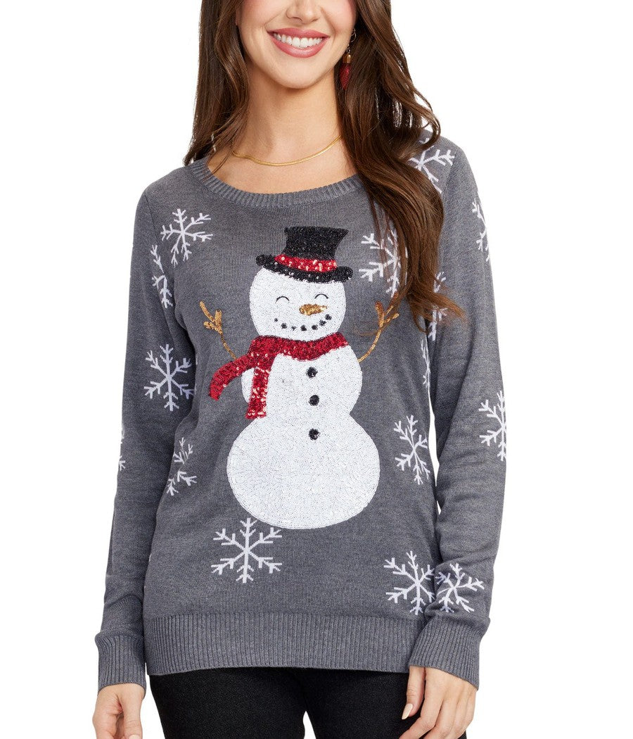 Gray Sequin Snowman Sweater with Sequined Snowflake Sleeves