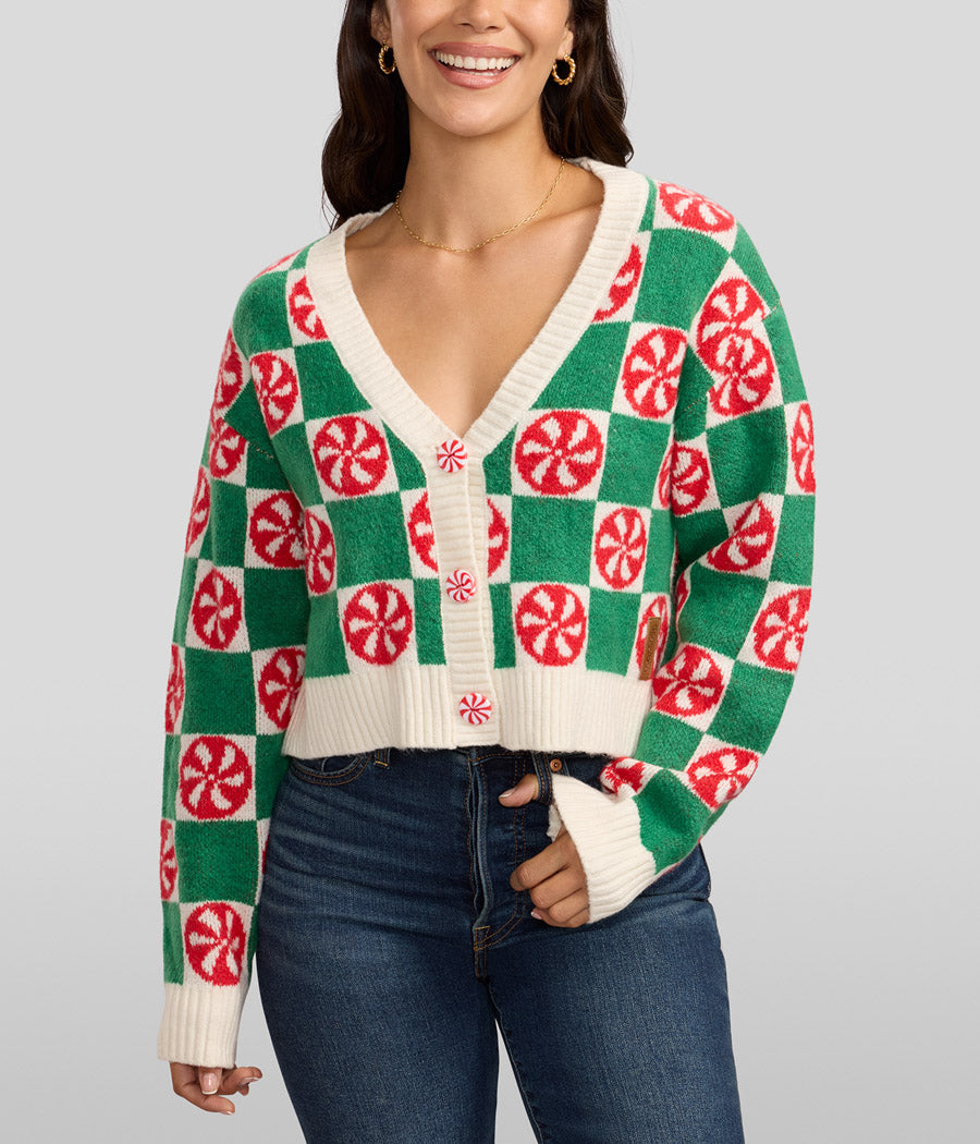 Cropped Cardigan with Mint Green Checkered Pattern and Button Front, Cotton Blend