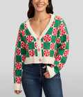 Cropped Cardigan with Mint Green Checkered Pattern and Button Front, Cotton Blend