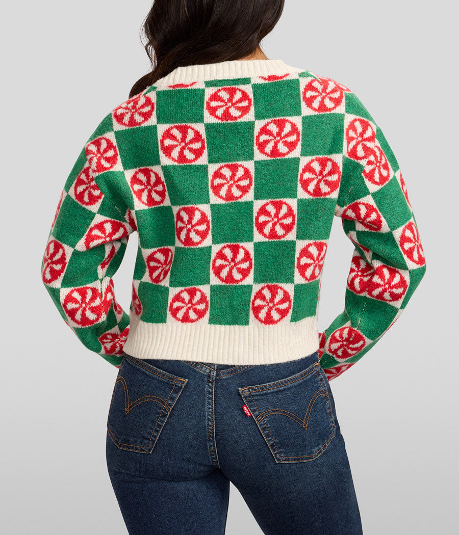 Cropped Cardigan with Mint Green Checkered Pattern and Button Front, Cotton Blend