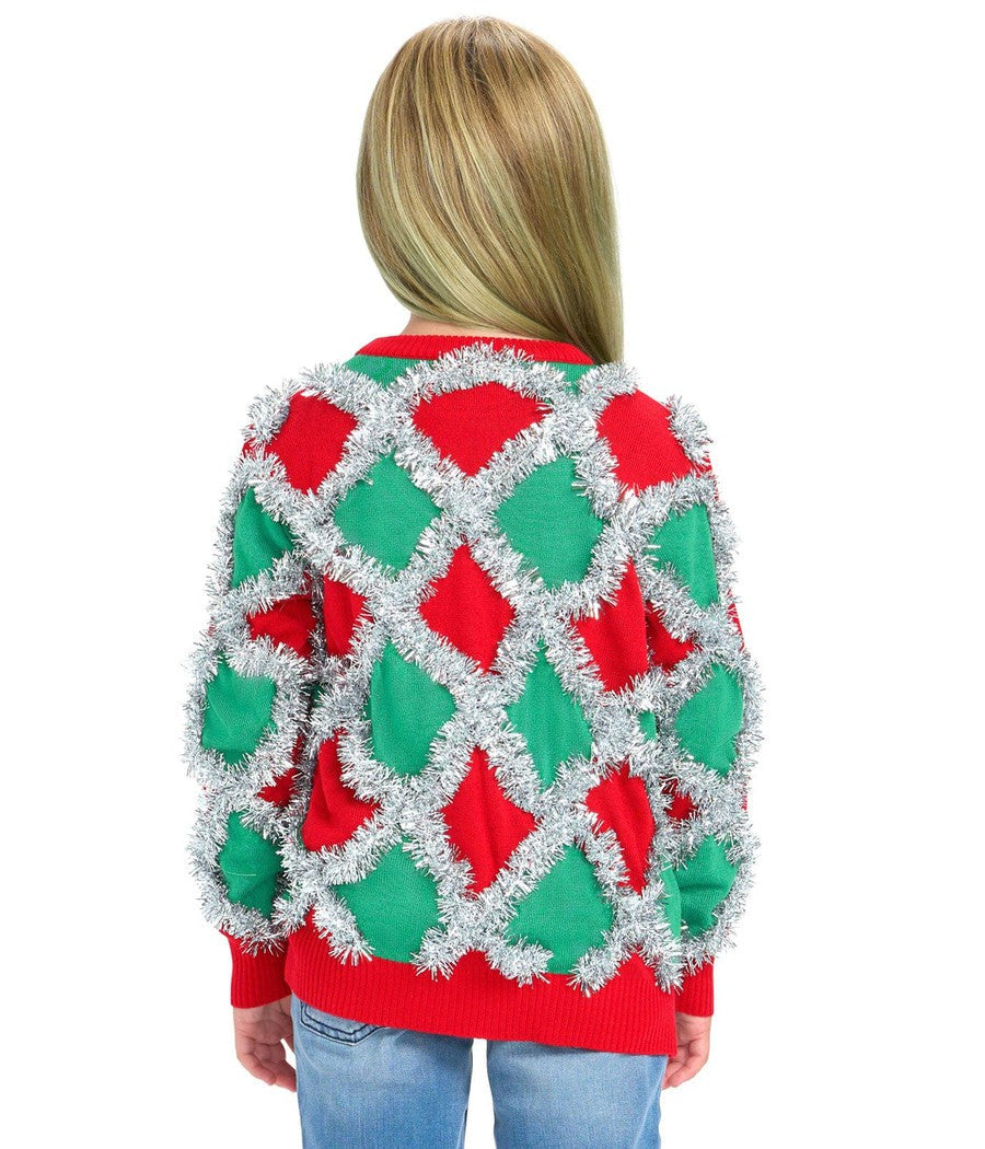 Girls Holiday Sweater with Red and Green Tinsel Trim