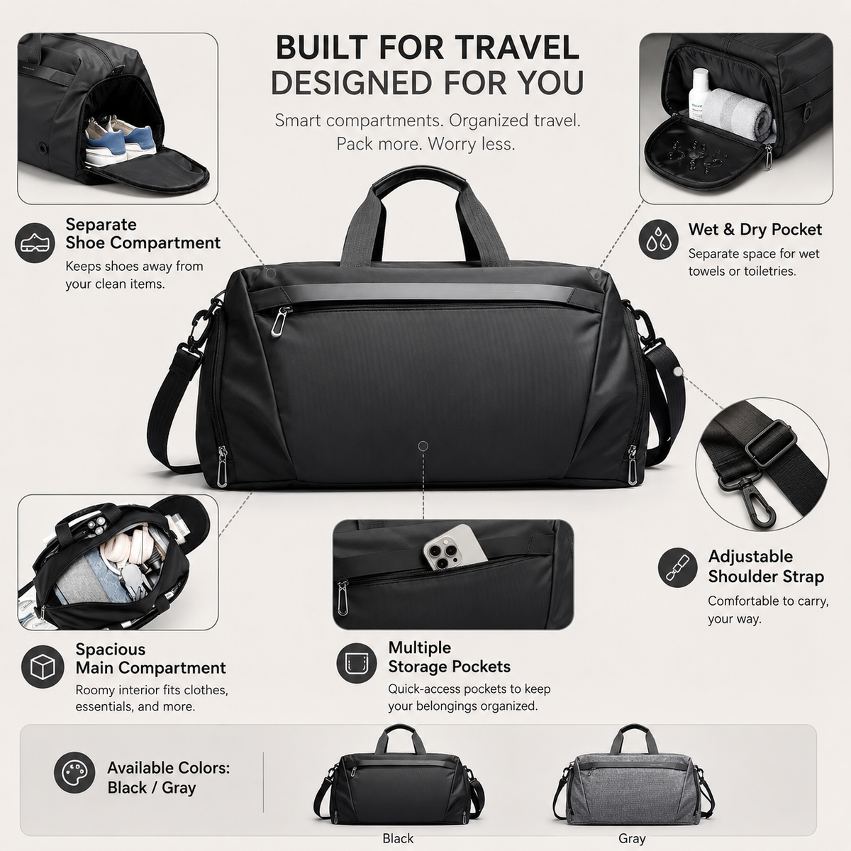 Gym Duffel Bag with Ventilated Shoe Compartment and Wet Dry Divider
